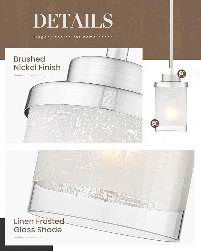 TENGXIN Modern Pendant Light for Kitchen Island, Brushed Nickel Hanging Ceiling Light Fixture,Farmhouse Pendant Lighting for Dining Room Bedroom Bar Office 2Pack,TXPLBN01-2PK