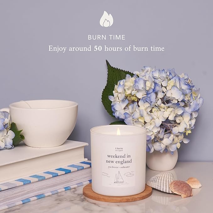 Literie NYC Inspired Scented Candle: Weekend in New England - Sea Breeze & Saltwater Scent, 9oz, 50 Hour Burn, Vegan Soy & Coconut Blend Candle for Home Decor, Gift for Women & Men