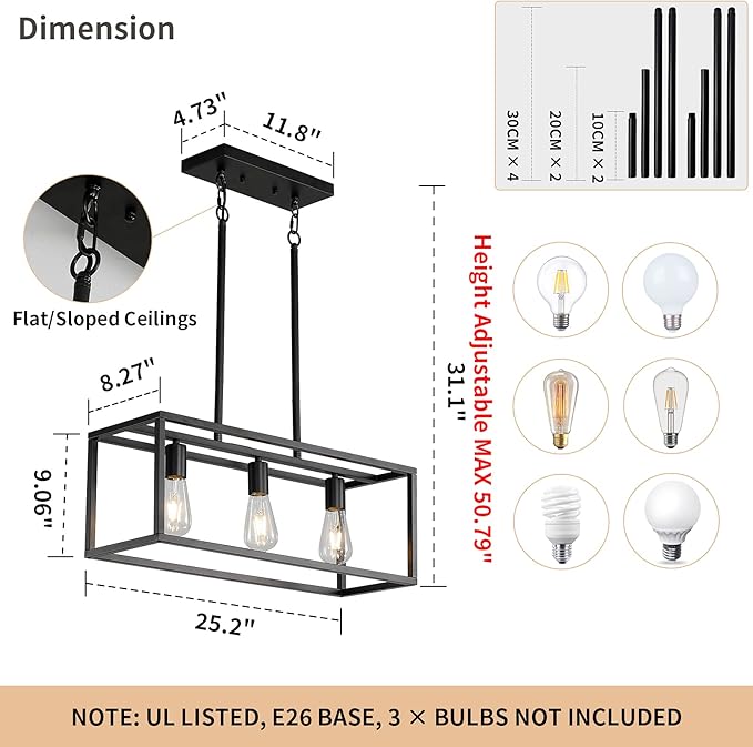 Black Kitchen Island Lighting, Modern Linear Cage Retangular Chandelier, 3 Lights Industrial Metal Hanging Light Fixture for Farmhouse Kitchen Dining Room Bar Foyer