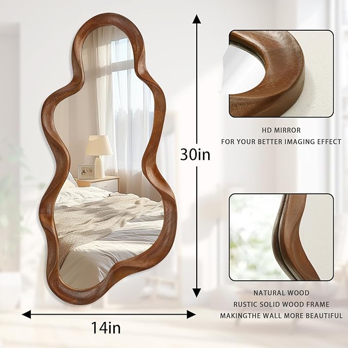 Asymmetrical Mirror Large Irregular Wall Mirror Modern Wood Frame Unique Artistic Mirrors Cute and Stylish Cloud Wavy Mirror Decorative for Cloakroom Bedroom Living Room Bathroom Entryway 30"x14"