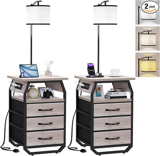 Floor Lamp with Table Set of 2, End Tables with Lamps Attached 3-Color Temperature Bulb, Side Table with Lamp with 3 Drawers & Charging, Lamps Tables Combo for Bedroom, Dorm Apartment - Greige