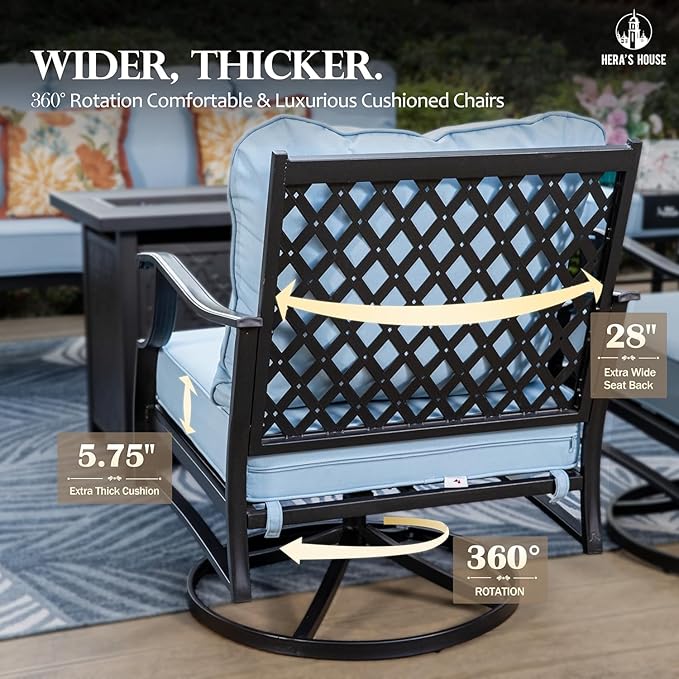 HERA'S HOUSE 6 Piece Patio Furniture Set, 2 x Swivel Chair, 2 x Fixed Chair, 1 x 3-Seat Sofa with Marbling Coffee Table, All Weather Outdoor Conversation Set for Lawn Garden Backyard, Blue