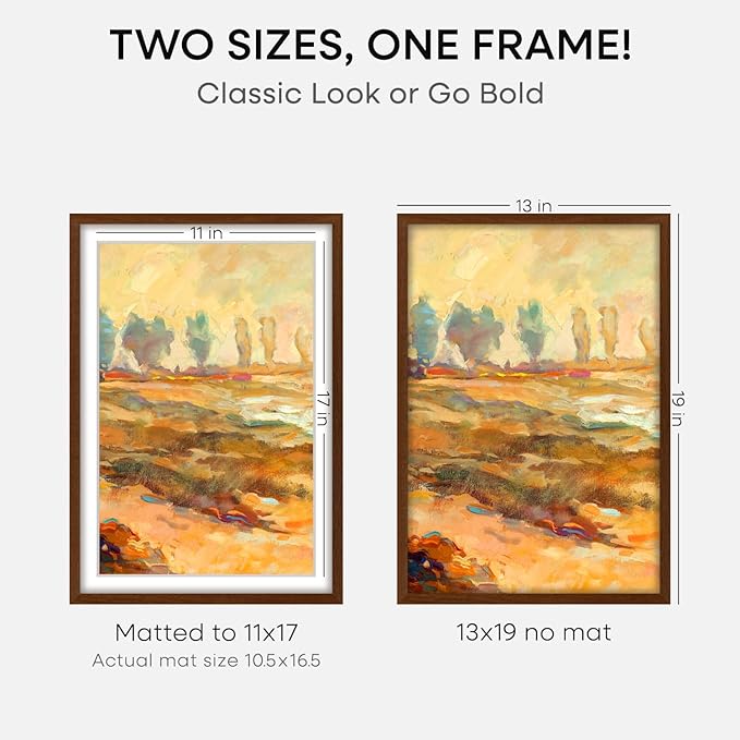 Homeforia 13x19 Picture Frame Brown, High End Dark Oak 13x19 Wooden Frames with Mat 11x17, 13 x 19 Walnut Wood Poster Frame Matted to 11 by 17, 19x13 Hanging Frames, Tempered Glass, Wall Kit, Set of 1