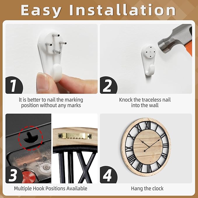 LEIKE 30 Inch Extra Large Wall Clock - Rustic Wooden Nearly Silent Wall Clock with Black Metal Frame, Vintage Farmhouse Decorative for Living Room, Bedroom, Kitchen - Roman Numerals, Modern Design