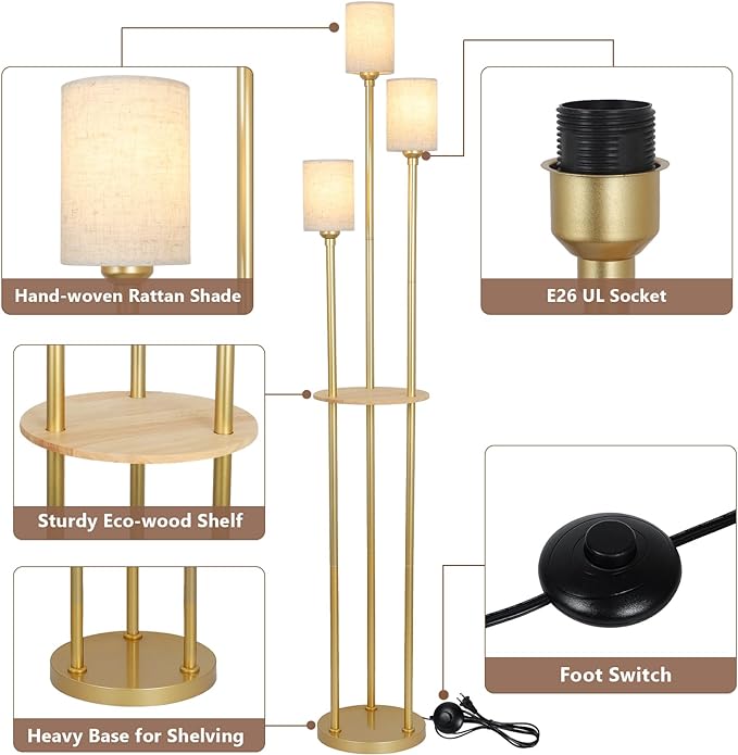 Floor Lamps for Living Room, 3-Lights Modern Floor Lamp with Shelves, Gold Standing Lamp with Fabric Shade and Foot Switch, Shelf Standing Lamps with Table, Tall Table Lamps for Bedroom Office