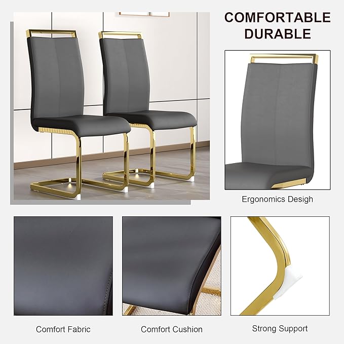 7 Piece Glass Dining Table Set, Kitchen Table Chairs Set for 6, 71'' Dining Table with 0.4" Tempered Glass Tabletop with Plated Metal Legs and MDF Crossbar, 6 PU Chairs for Dining Room, Kitchen.
