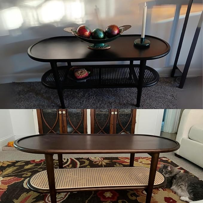 Modern Rattan Coffee Table, 39.5 Oval Black Wood Coffee Table with Storage Shelf for Living Room, 2-Tier Center Table Entryway Table Side Table Nightstand for Bedroom Office Small Space Cafe