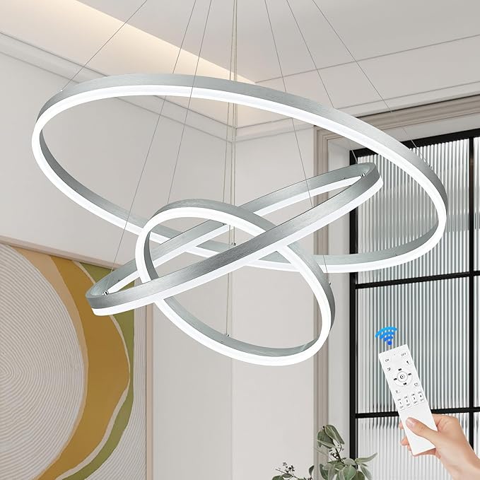 D31.5 3 Rings Modern LED Chandelier Silver Dimmable LED Pendant Light with Remote Control Circular Flush Mount High Ceiling Light for Dining Room Living Room Bedroom Foyer(3000K-6500K, H71)