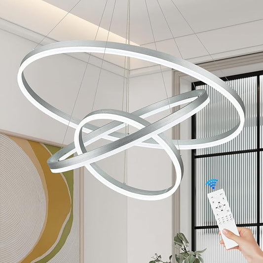 D31.5 3 Rings Modern LED Chandelier Silver Dimmable LED Pendant Light with Remote Control Circular Flush Mount High Ceiling Light for Dining Room Living Room Bedroom Foyer(3000K-6500K, H71)