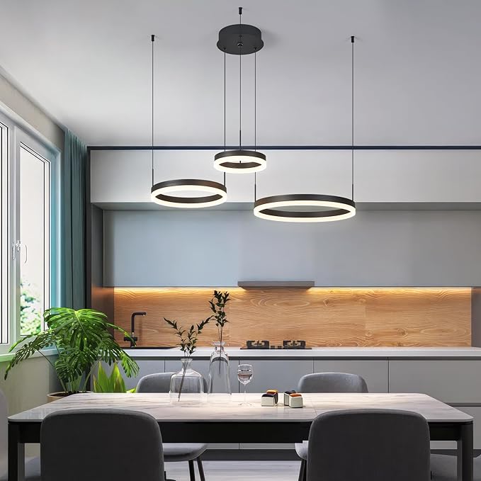 Modern Black Ring Chandelier LED Circle Geometric Pendant Light Dimmable 3 Rings Ceiling Light Fixtures High Ceiling Foyer Chandelier for Living Room Dining Room Bedroom