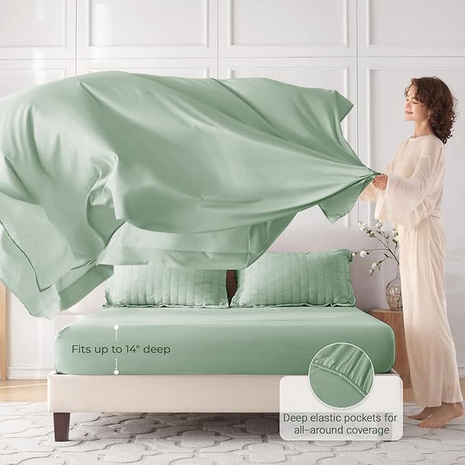 MUXHOMO 5 Pieces Twin Comforter Set, Seersucker Bed in a Bag Twin Size, All Season Luxury Bedding Set with Comforter, Flat Sheet, Fitted Sheet, Pillowcase & Sham, Sage Green