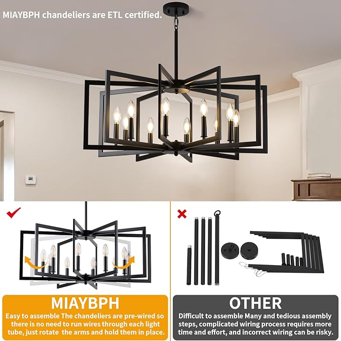 Black Chandelier for Dining Room, 10-Light Kitchen Chandelier Light Fixture Modern Metal Industrial Large Chandeliers for Farmhouse Entryway Living Room (E12 Bulbs Not Included)