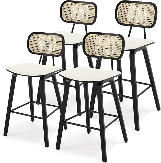 Counter Height Bar Stools Set of 4, 26" PU Leather Upholstered Rattan Barstools, Mid Century Modern Bar Chairs with Black Wood Legs, Armless Walnut Kitchen Island Dining Bar Chair, White