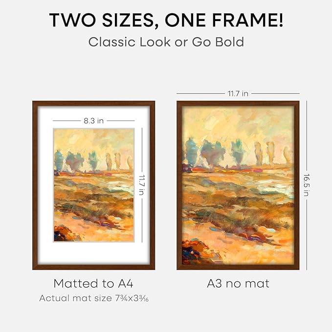 Homeforia A3 Picture Frame Brown Wood, High-End Dark Oak 11.7 x 16.5 Poster Walnut Frames Matted to 8.3 by 11.7 inch Photo, A3 Size Wooden Frame with Mat for A4 Art, Tempered Glass, Wall Kit, Set of 1