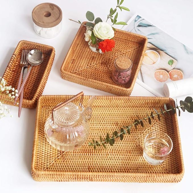i-lan Set of 3 15" Rattan Woven Serving Tray Basket with MOP Wooden Base and Handles, Boho Wicker Coffee Table Décor Serving Tray with 2 Inch Wall, Handmade Display Basket for Everywhere