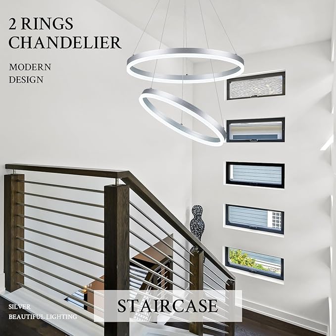 Modern LED Chandelier Silver 2-Rings Pendant Light Circular Flush Mount Ceiling Chandelier Lighting with Remote Control for Bedroom Living Room Dining Room Entrance, 3000K-6500K
