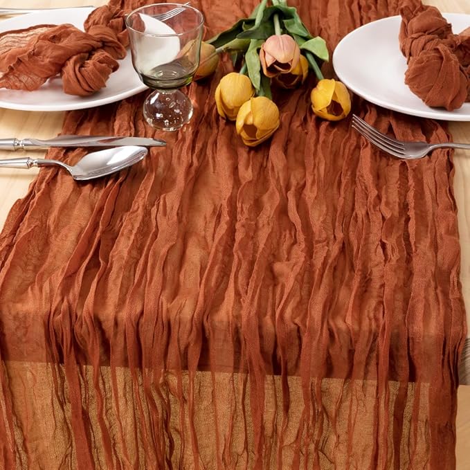 MLMC Terracotta Table Runner 10ft Rustic Fall Burnt Orange Cheesecloth Table Runner 35 x 120 inches for Wedding Bridal Shower Birthday Pinic Party Thanksgiving Decor