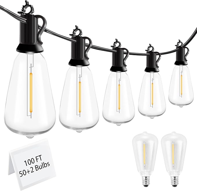100FT Dimmable Waterproof Outdoor String Lights with Remote, 52 Shatterproof ST38 Vintage Edison Bulbs for Porch, Deck, Garden, Backyard, Balcony