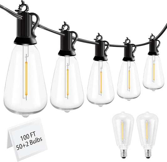 100FT Dimmable Waterproof Outdoor String Lights with Remote, 52 Shatterproof ST38 Vintage Edison Bulbs for Porch, Deck, Garden, Backyard, Balcony