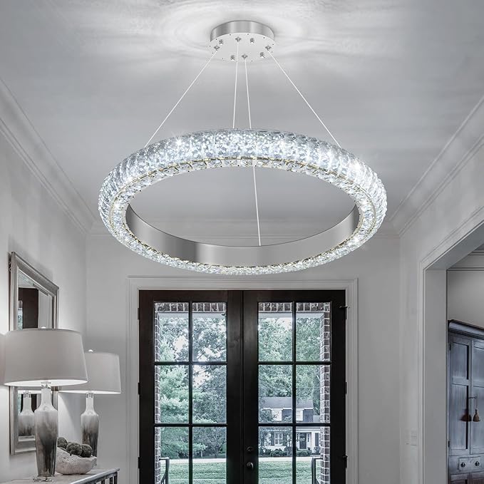 24" Ring Modern LED Dimmable Crystal Chandelier Adjustable Height Pendant Light Round Crystal Chandelier Light Fixtures for Dining Room Living Room Kitchen Island Silver