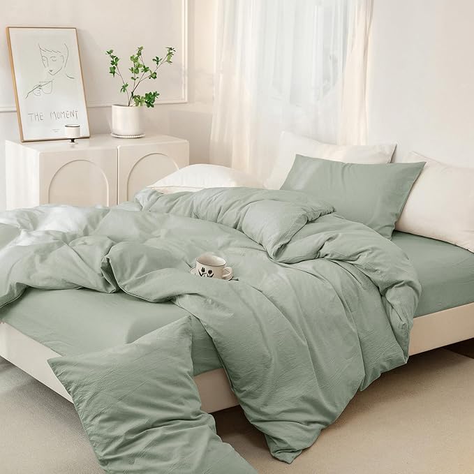 JIYUAN 100% Washed Cotton Duvet Cover Set 3 Pieces Super King, 1 Duvet Cover 108x98 Inches(Comforter Not Included) and 2 Pillowcases,Linen Feel Bedding Set Comfy and Breathable, Heathered Sage Green
