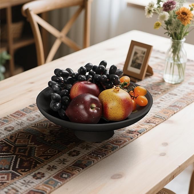 Modern Resin Pedestal Decorative Bowl, Large Fruit Bowl for Kitchen Counter, Stylish Key Bowl for Entryway Table, Matte Black