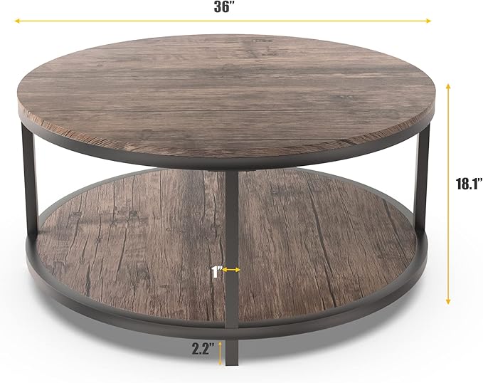NSdirect Round Coffee Table, 36” Coffee Table for Living Room, 2-Tier Wood Desktop & Sturdy Metal Legs Table Home Furniture with Storage Shelf (Walnut)