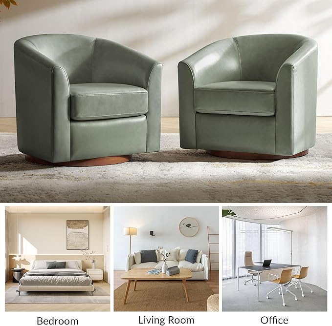 HULALA HOME Genuine Leather Swivel Accent Chairs Set of 2 with Solid Wood Base, Round Swivel Barrel Chairs for Living Room and Bedroom, Sage