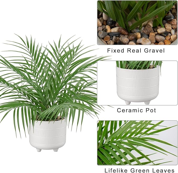Hollyone Large Artificial Potted Plants Fake Palm Plants 19" Faux Green Plant Plastic Tropical Palm Tree in White Ceramic Pots Bohemian for Home Room Office House Indoor Decoration