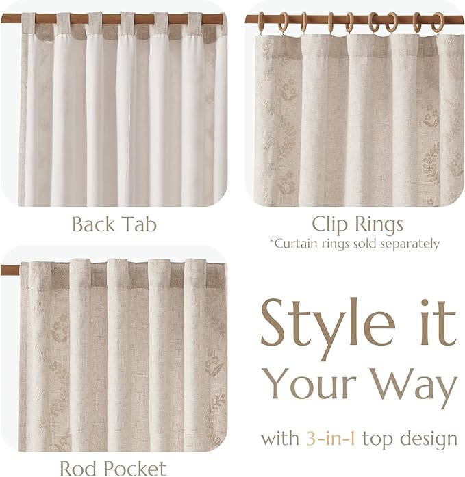 jinchan Belrose Lined Linen Blend Curtains Boho Floral Curtains for Bedroom 96 Inch Length Ivory Embroidered Drapes Rod Pocket Farmhouse Flower Drapes for Living Room Window Treatments Set 2 Panels