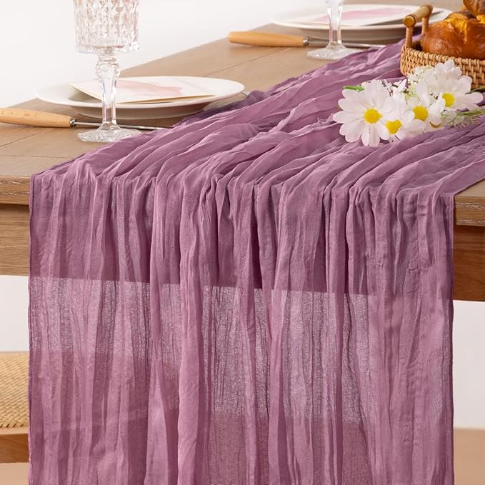 MLMC Purple Table Runner 10ft Rustic Gauze Cheesecloth Fall Table Runner 35x120 Inches Sheer Cheese Cloth Centerpiece for Quinceanera Bridal Baby Shower Boho Wedding Home Decor