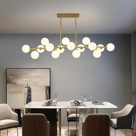 Mid Century Modern Chandelier 55in Linear Gold Pendant Lighting Fixture Linear Chandeliers for Kitchen Island, Dining Room 16-Light