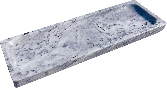 Polished Natural Marble Decorative Tray: 10.6" x 3.5" Rectangular Organizer for Bathroom Kitchen Dresser Desktop Jewelry Vanity Storage, Blue Sky