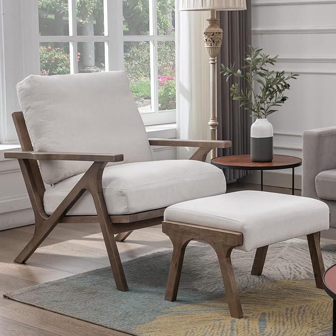ZHENGHAO Accent Chair with Ottoman, Mid Century Modern Lounge Chair with footrest, Comfy Fabric Armchair Upholstered Living Room Chair for Reading/Bedroom/Small Space, White