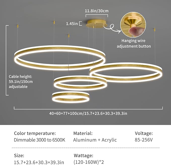 Modern LED Chandelier Light, 4 Ring Gold Pendant Lighting Fixture, Adjustable Hanging Ceiling Lamp for Dining Room, Kitchen Island, Entryway, Living Room, Dimmable Dining Lights Over Table