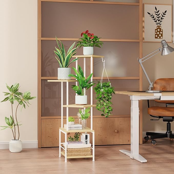 Plant Stand Indoor with Grow Light, 5-Tiered Tall Plant Stand Indoor, Metal Plant Shelf with Hanging Basket Hook and Adjustable Light, Ideal for Living Room, Garden, Patio (Maple)