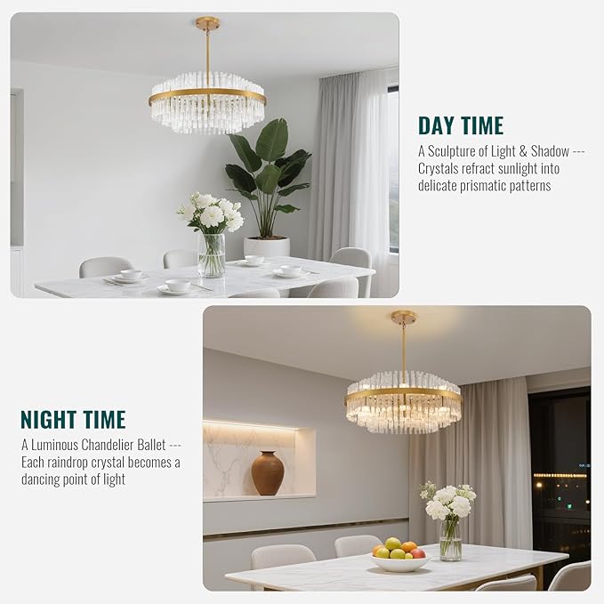 Siljoy 31.5 Inch Gold Round Chandelier, Modern Gold Crystal Chandelier with Raindrop Wave Glass Rods, Luxury 3-Way Dimmable LED Pendant Light Fixture for Living Dining Room Kitchen Island, G9 x 16