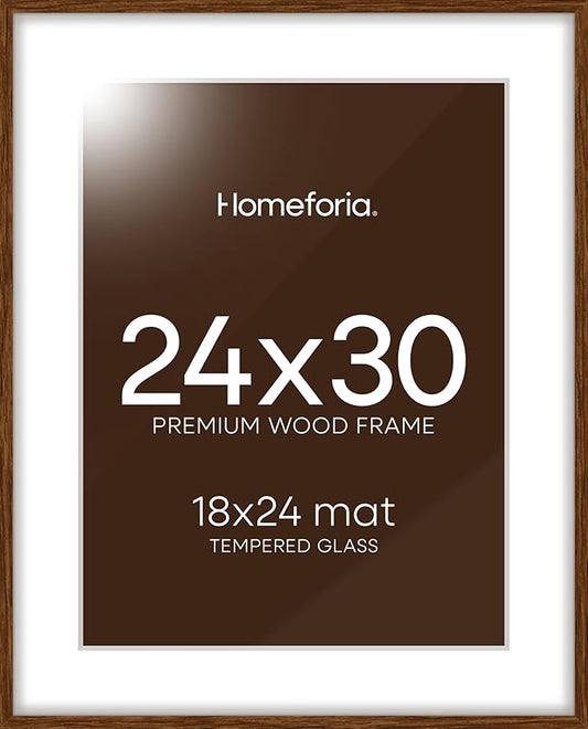 Homeforia 24x30 Walnut Frame, High End Oak 24 x 30 Wooden Poster Frame with Mat 18 x 24, 30x24 Large Picture Frames for Wall, 24x30 Brown Wood Frame Matted to 18x24, Tempered Glass, Wall Kit, Set of 1