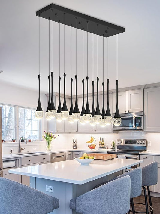 Modern Rectangular Chandelier,14 Lights Black Raindrop Chandelier Lighting,Industrial Linear Pendant Ceiling Light Fixture for Dining Living Room Kitchen Island