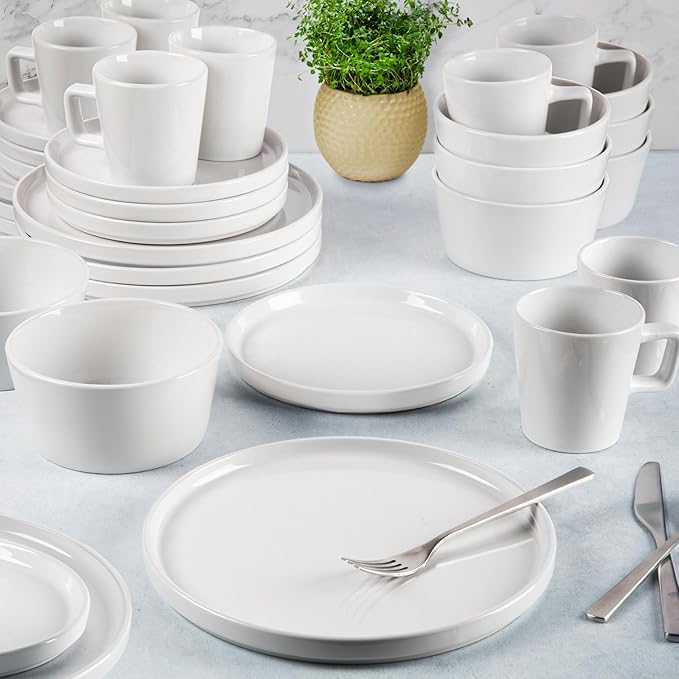 Zulay Kitchen Terra Stoneware 32-Piece Dinnerware Set, Artisanal Ceramic Plates and Bowls Set Crafted at 2300℉ - Service for 8, Frost White