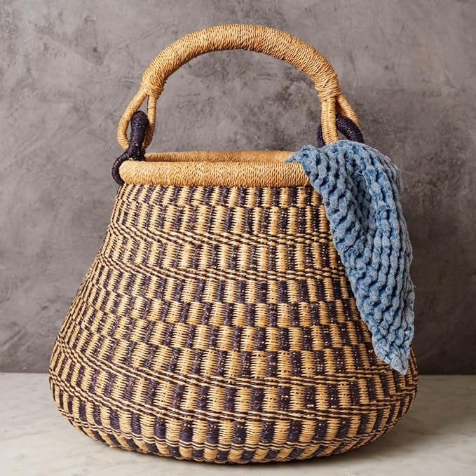 Home & Kitchen Decor, Wicker Basket, Picnic Basket, Living Room Basket, Organizing, Harvesting, Foraging, Fruit Storage, Hand Woven, Pot Shape, 16" Wide, Boho - Natural Navy