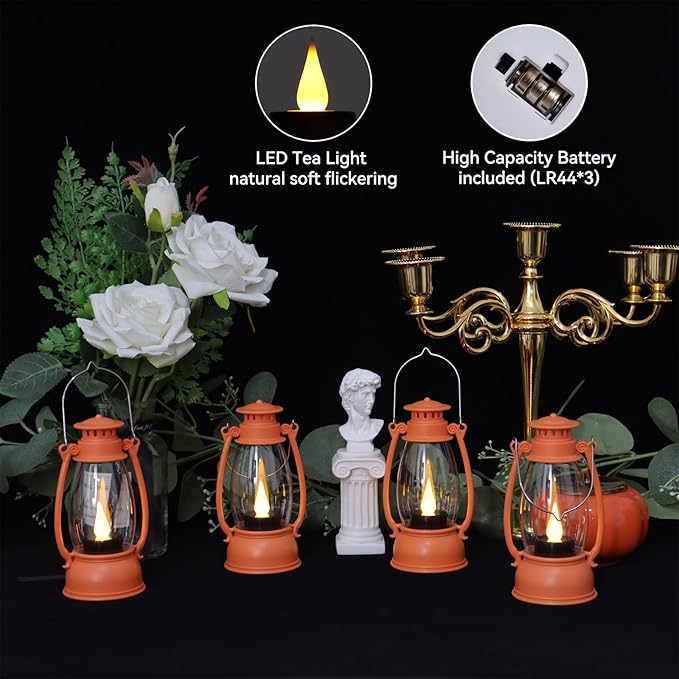 12-Pcs Orange Mini Lanterns Decorative for Halloween Thanksgiving, Fall Centerpiece for Table, Small Western Lantern with Flicker LED Candle for Cowboy Camping Christmas Wedding Decorations