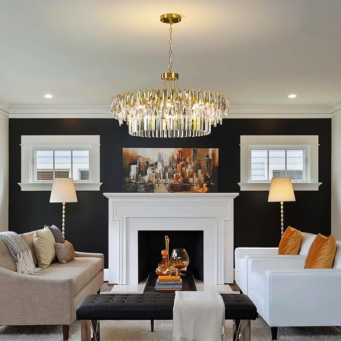 Modern Large Round Crystal Chandelier - 31.5'' Luxury K9 Crystals Chandeliers for Dining room,3 Tier Raindrop Chandelier for Living room,Gold Contemporary Light Fixture for Bedroom Foyer Kitchen