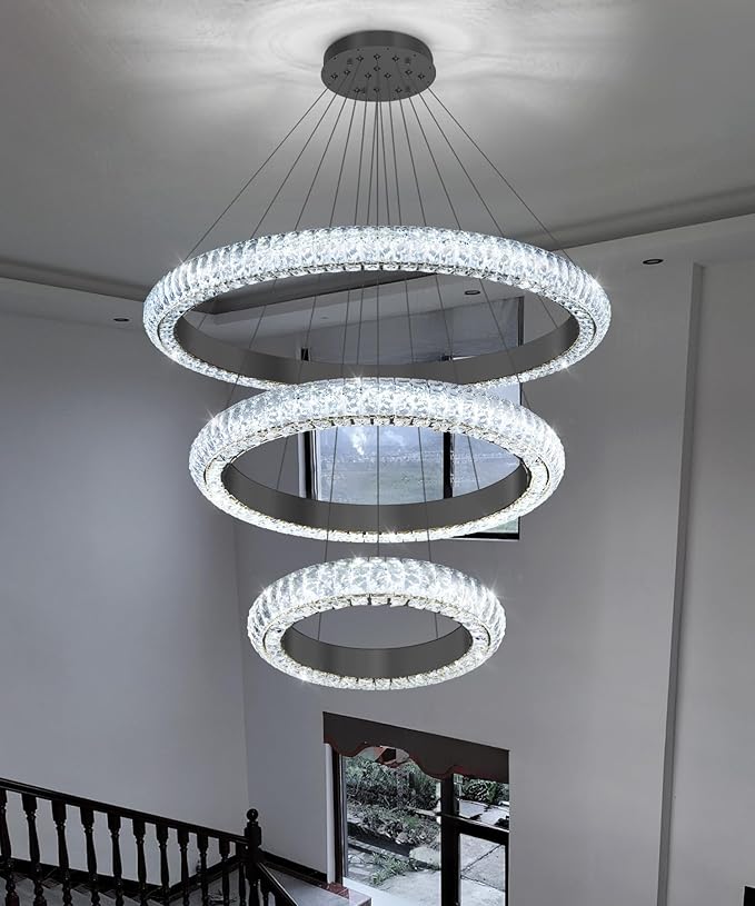 31.5" 3 Ring Crystal Chandelier Modern LED Dimmable Ring Pendant Light Round Chandelier for Dining Room Living Room Black