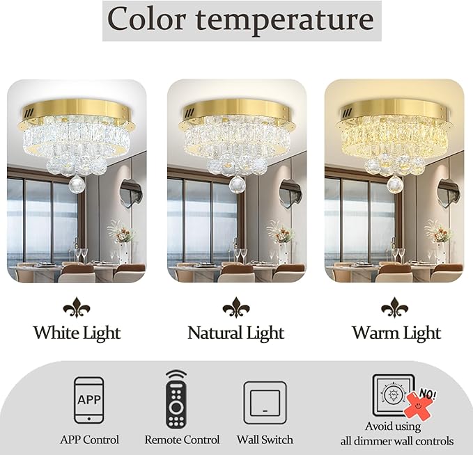 Flashing God 12" Modern Crystal Chandeliers Flush Mount Ceiling Light Gold Chandelier for Hallway LED Dimmable Light Fixture for Dining Room Living Room Bedroom