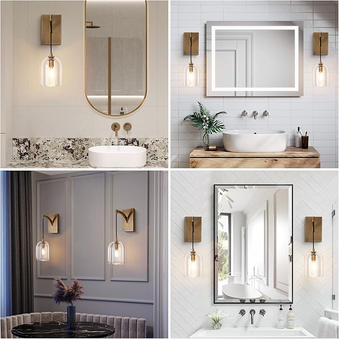 Modern Crystal Wall Sconce, Brass Hemisphere Wall Sconce, Gold Wall Lamps Indoor Lighting for Bedroom Bathroom Vanity Light Fixtures Includes Bulbs