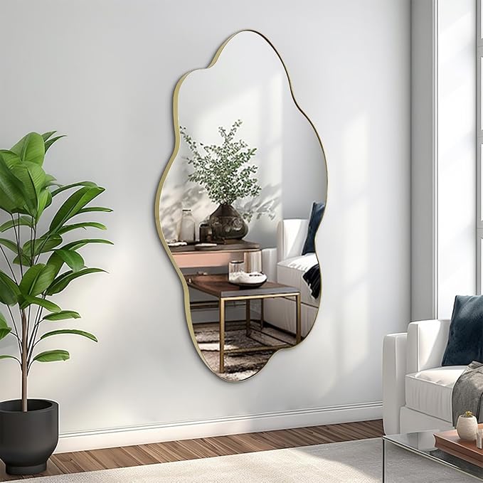 Gold Irregular Mirror, 43.7"x29.5" Asymmetrical Wall Mirror, Scalloped Decorative Mirrors, Modern Wavy Shaped Mirrors for Living Room Bathroom Bedroom Hallway Entryway Fireplace