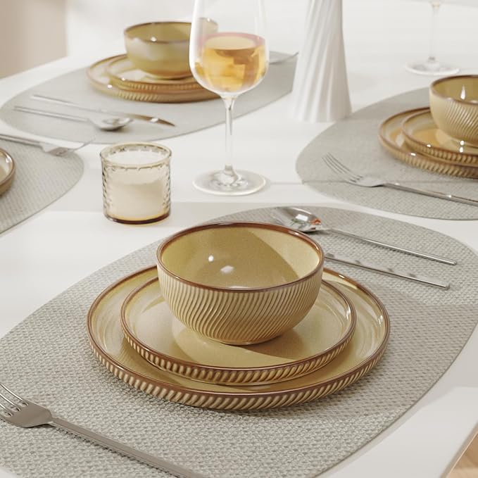 Earthsong Dinnerware Sets for 8, 24-Piece Ceramic Plates and Bowls Set, Dishwasher and Microwave Safe Stoneware Dishes Set, Ribbed, Caramel Dusk