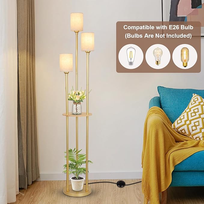 Floor Lamps for Living Room, 3-Lights Modern Floor Lamp with Shelves, Gold Standing Lamp with Fabric Shade and Foot Switch, Shelf Standing Lamps with Table, Tall Table Lamps for Bedroom Office