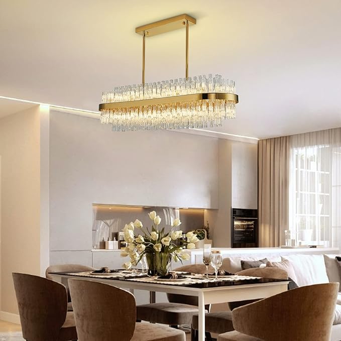 Siljoy Modern Crystal Chandelier 20 Lights Gold Rectangle 2 Tiers Raindrop Chandelier Luxury Adjustable Flush Mount Oval Pendant Ceiling Light Fixture for Dining Living Room Kitchen Island L40 Inch